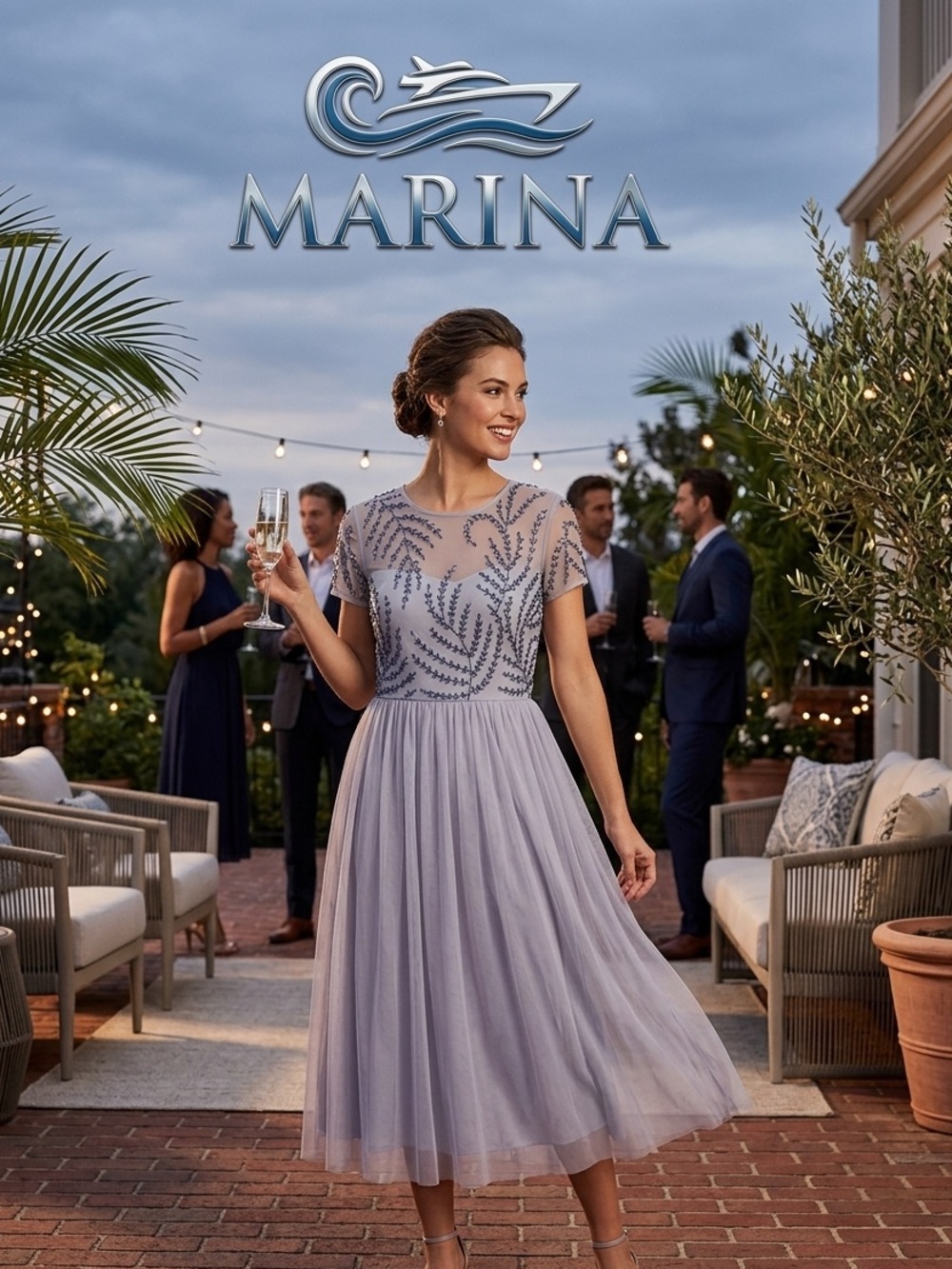 MARINA Gray Beaded Tulle Midi Cocktail Dress